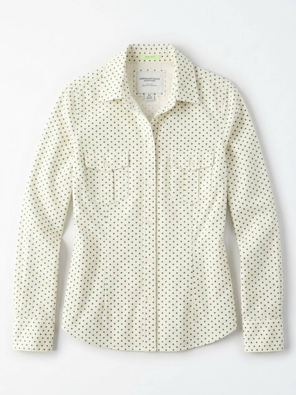 American Eagle Outfitters Cream Long-Sleeve Button-Down with green Polka Dots